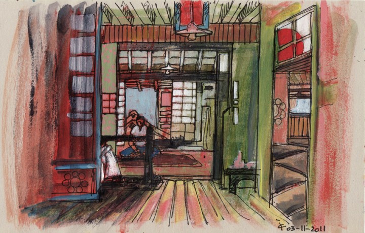 Intérieur japonais croquis peinture figurative contemporaine