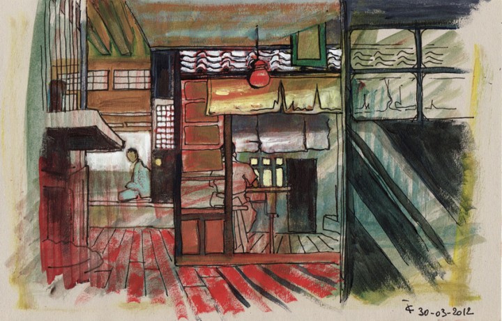 Intérieur japonais croquis peinture figurative contemporaine