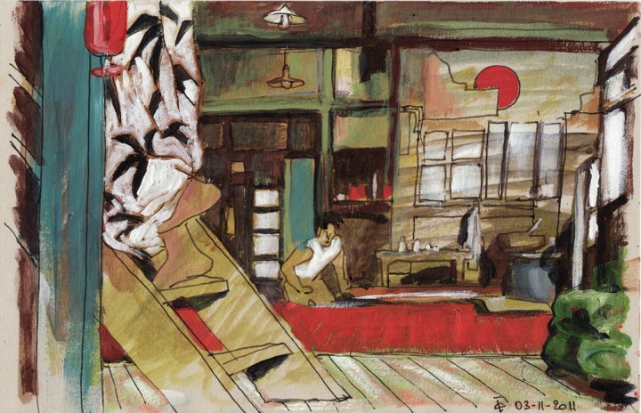 Intérieur japonais croquis peinture figurative contemporaine