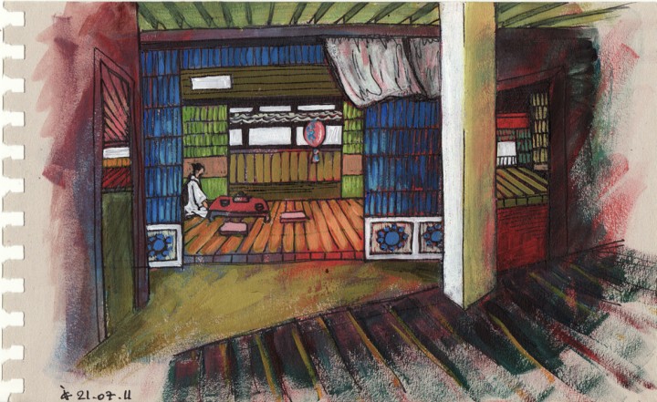 Intérieur japonais OZU peinture figurative contemporaine perspective