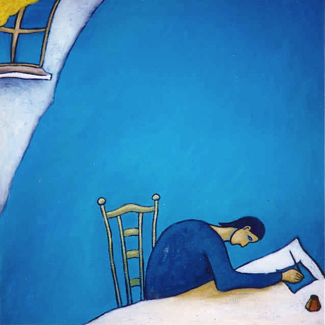 Bleu Lettre inspiration méditation mansarde encrier peinture figurative